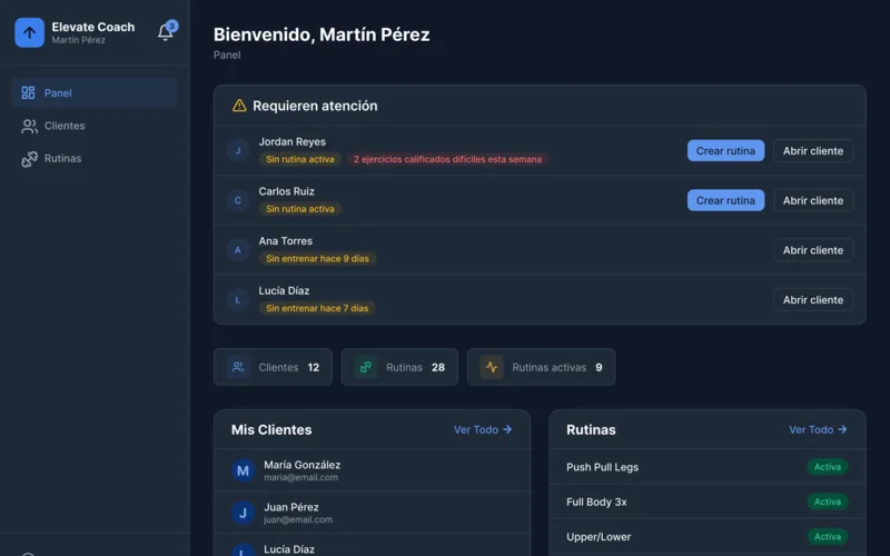 Vista previa del panel de Elevate Coach en escritorio