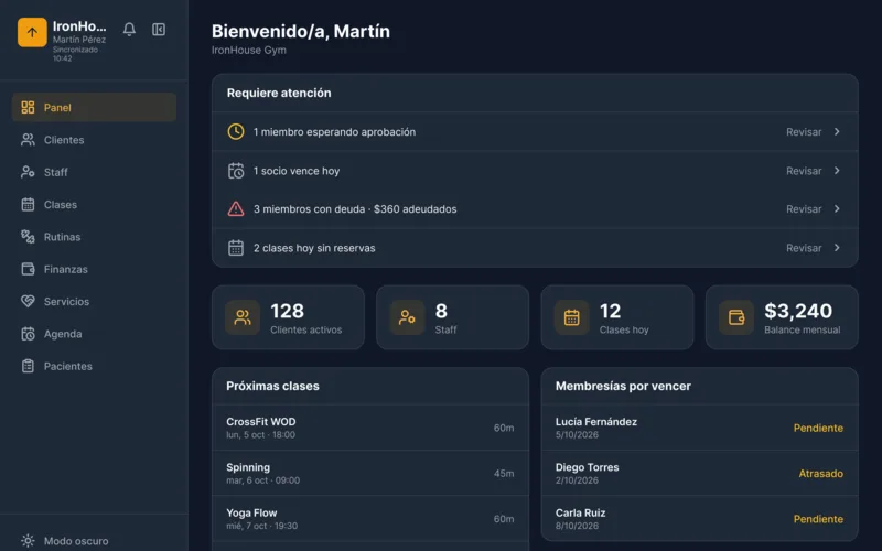 Vista previa del panel de Elevate Gym en escritorio