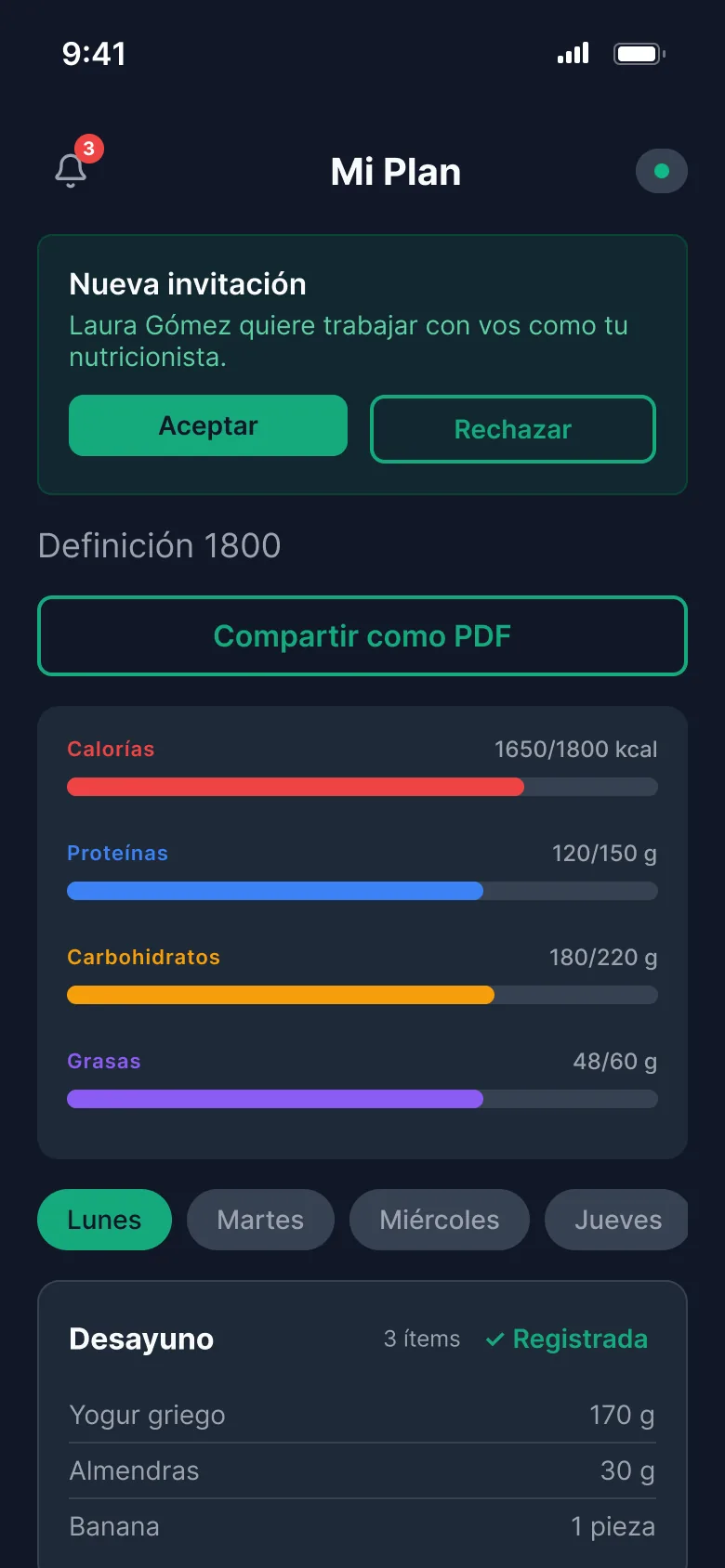 Pantalla Mi plan de la app móvil de Elevate Nutri con desayuno, almuerzo y cena